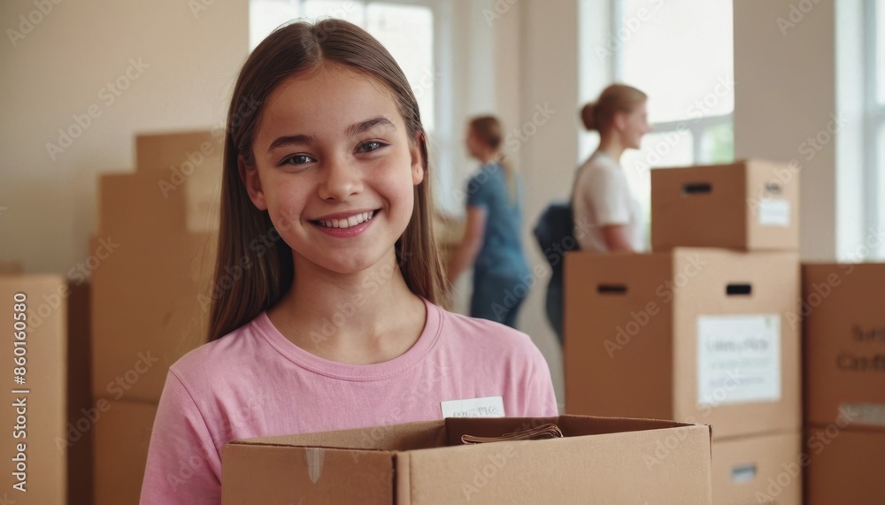 International Charity Day. A girl holds a box with things and groceries for those in need at a charity center