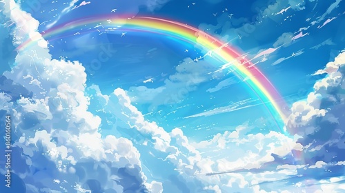 A bright rainbow curves through the sky like a road, with fluffy white clouds floating nearby. © Suleyman