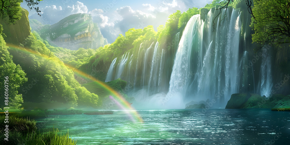 A serene landscape with a waterfall and rainbow.
A serene landscape with a waterfall and rainbow.
