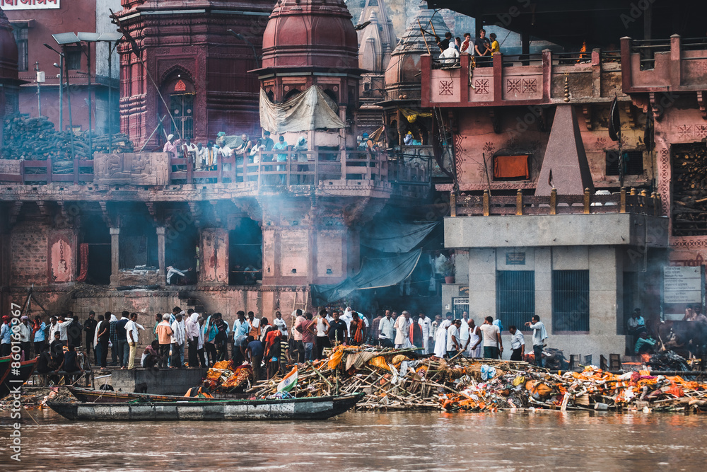 riverbank views of varanasi city, india