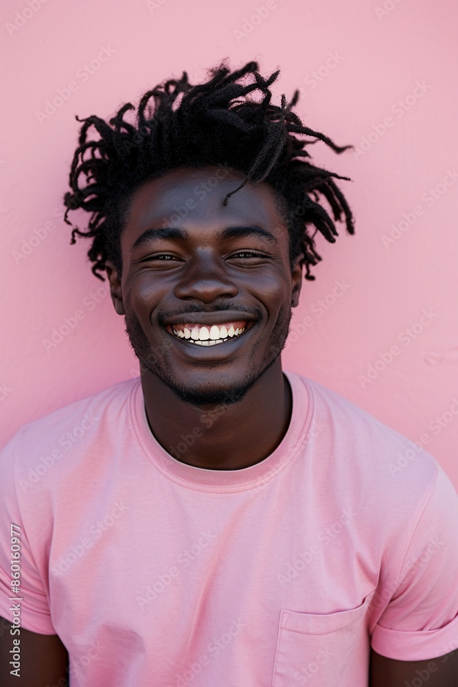 A cheerful young man with a bright smile and dreadlocks wears a pink shirt, radiating positivity against a matching pink background. Perfect for themes of happiness and self-expression. A cheerful young man with a bright smile and dreadlocks wears a pink shirt, radiating positivity against a matching pink background. Perfect for themes of happiness and self-expression.