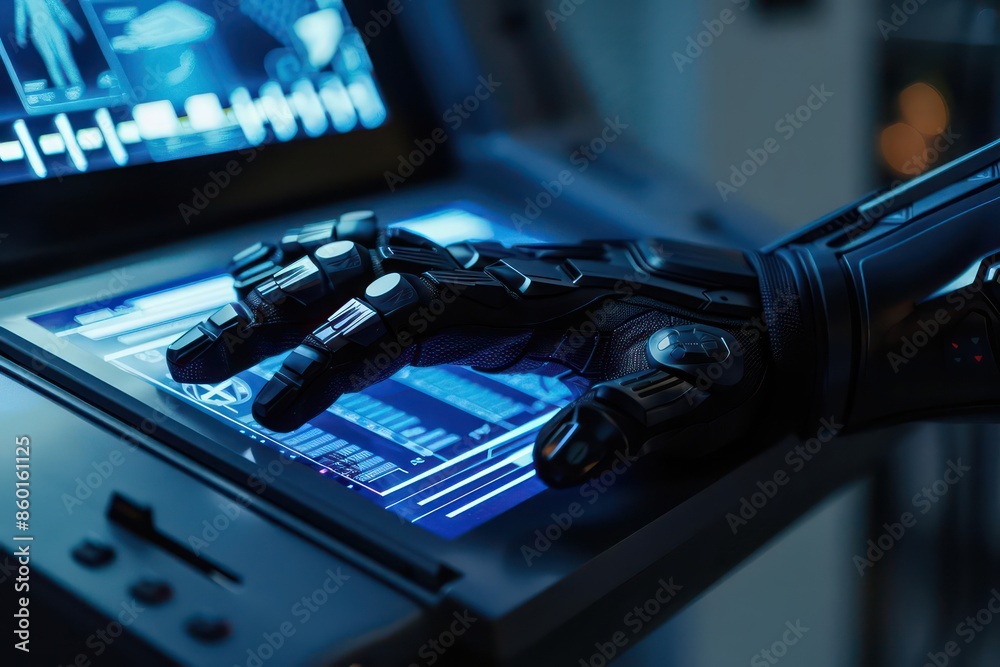 Hightech gloves operating a sleek, touchsensitive control panel in a conceptual closeup with copy space Hightech gloves operating a sleek, touchsensitive control panel in a conceptual closeup with copy space