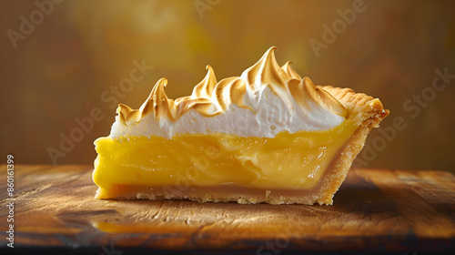 A slice of tangy fast food lemon meringue pie with a golden meringue topping photo