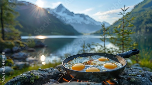 Four fried eggs in a pan by a serene lake with an inspiring mountain sunrise backdrop, symbolizing peace, nature, and a fresh start to the day. photo