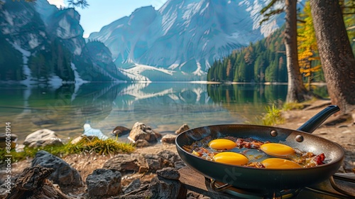 Four eggs frying in a pan with a breathtaking view of a lake and mountains in the background, capturing the essence of a serene outdoor breakfast. photo