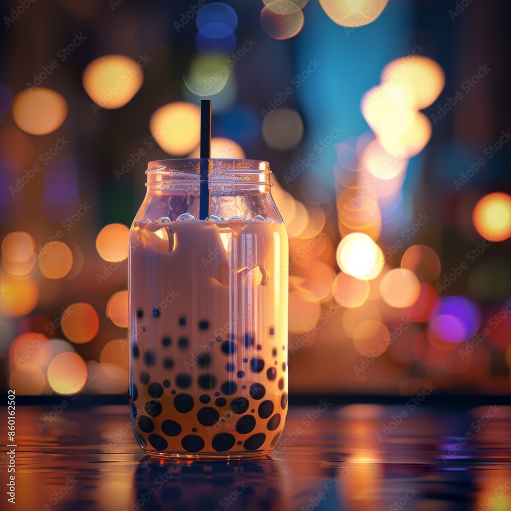 a bubble tea in a jar with a blurred background