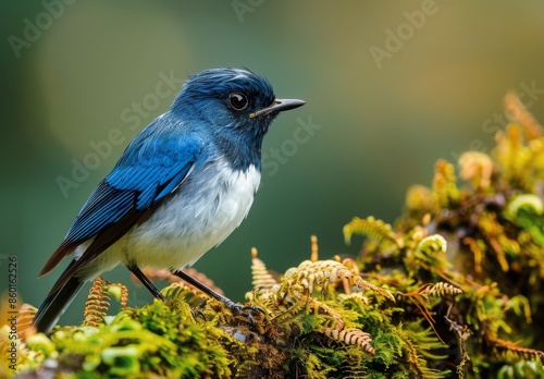Blue And White Bird Perched On Moss Covered Branch In Lush Green Forest