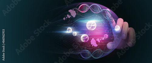 DNA helix concept of new ideas with Digital Virtual analysis chromosome DNA test of human in situations disease COVID-19 virus on hands in 3D illustration. Of free space for texts and creativity.