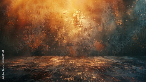 A large, empty room with a wall that is covered in rust and peeling paint photo