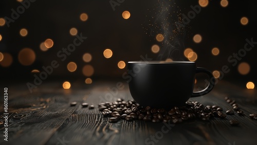 Close-up of steaming coffee cup on dark wooden table, surrounded by beans. Background with fuzzy lights adds cozy ambiance