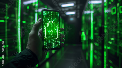 A person holding a smartphone displaying a glowing green padlock