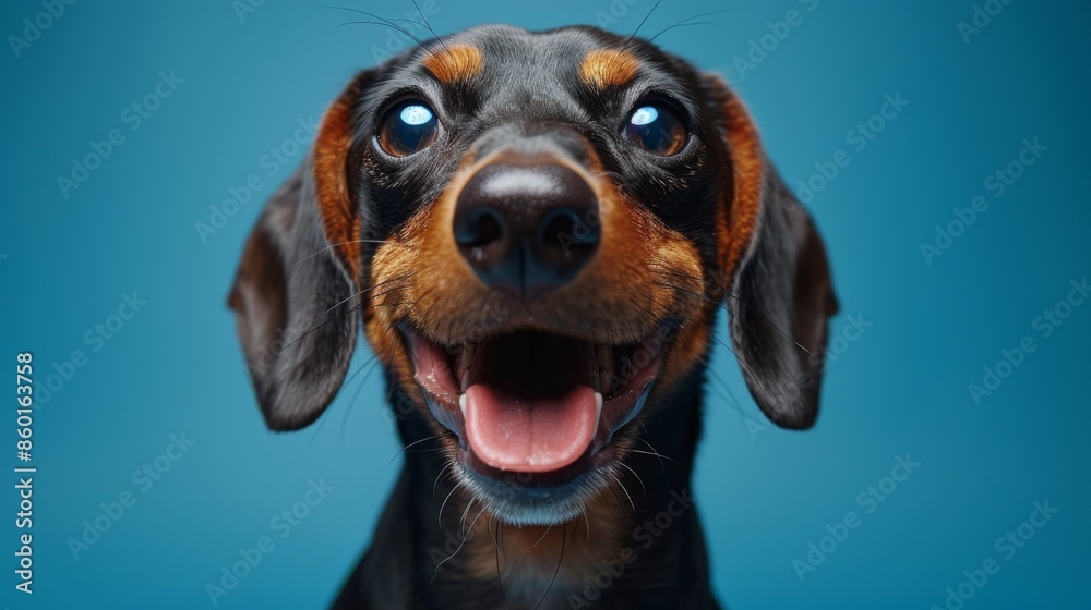 Cute Hound Dog, Dachshund. Isolated against a vibrant blue background. Pet. Dog. Canine. Cute Hound Dog, Dachshund. Isolated against a vibrant blue background. Pet. Dog. Canine.