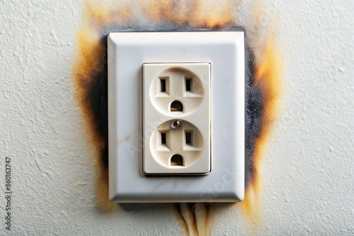 electric socket with black scorch burn mark. Short circuit fire accident
