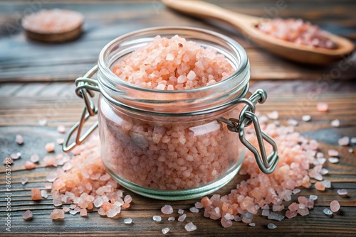 pink himalyan salt in glass jar. Healthy seasoning ingredient photo