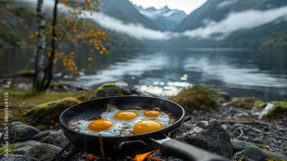 A peaceful campsite by a mist-shrouded mountain lake, with four eggs frying in a pan over a campfire, surrounded by moss-covered rocks and autumn foliage.