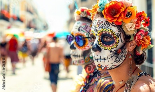 Two young women with painted skulls on their faces to celebrate the day of the dead. Mexican traditional holiday.