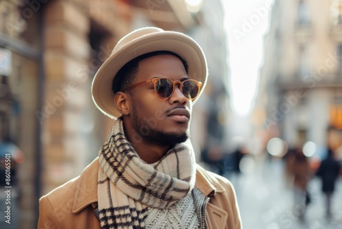 A young man wearing sunglasses and a hat walks down a city street © pham
