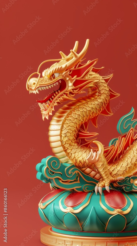 Obraz premium 3D Dragon Illustration for Chinese New Year 2024. Golden Dragon on Red Background Celebrating Lunar New Year. Festive Banner for Chinese Holiday, Symbol of Wealth, Luck, and Prosperity. AI-Generated H