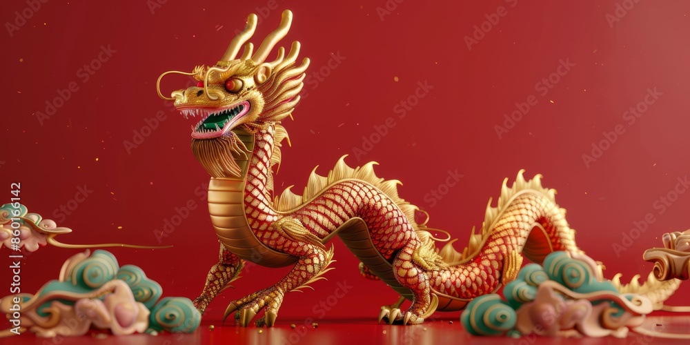Obraz premium 3D Dragon Illustration for Chinese New Year 2024. Golden Dragon on Red Background Celebrating Lunar New Year. Festive Banner for Chinese Holiday, Symbol of Wealth, Luck, and Prosperity. AI-Generated H