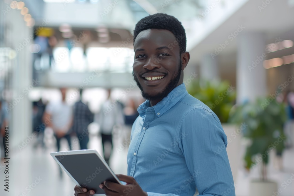 Obraz premium A man wearing a blue shirt smiles while holding a tablet in a modern office building with blurry background
