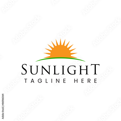 This is a logo image of sun at sunrise in yellow and green color in simple flat style