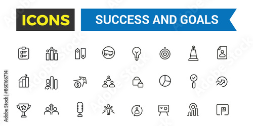 Success and Goals Vector Icons Collection. Outline icons pack. Editable vector icon and illustration.