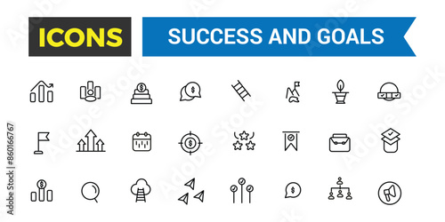 Success and Goals Vector Icons Collection. Outline icons pack. Editable vector icon and illustration.
