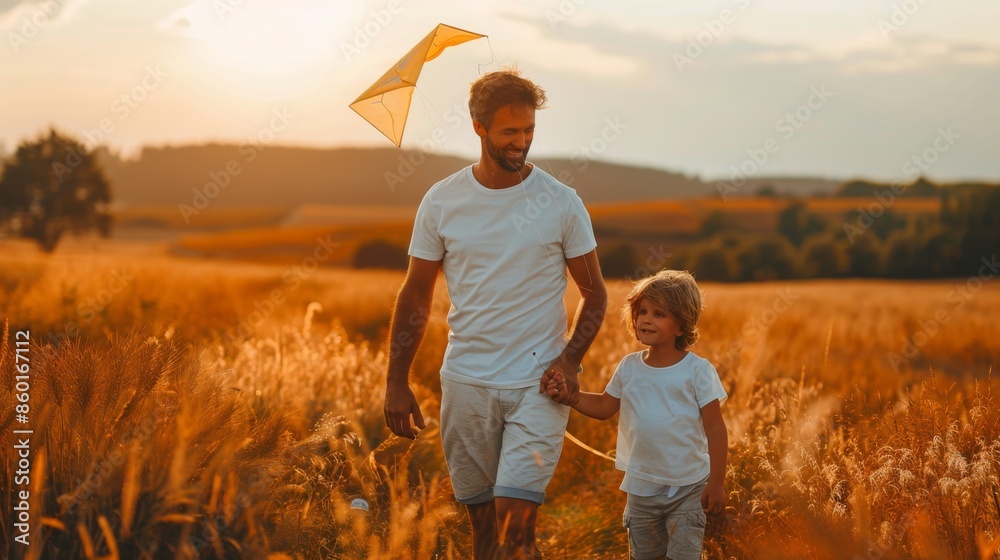 Father and Son Enjoying a Kite Flight in Golden Field Father and Son Enjoying a Kite Flight in Golden Field