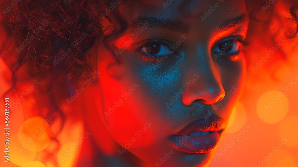A woman with curly hair and a red background. The woman is looking at the camera. The background is orange and the woman's hair is also orange A woman with curly hair and a red background. The woman is looking at the camera. The background is orange and the woman's hair is also orange