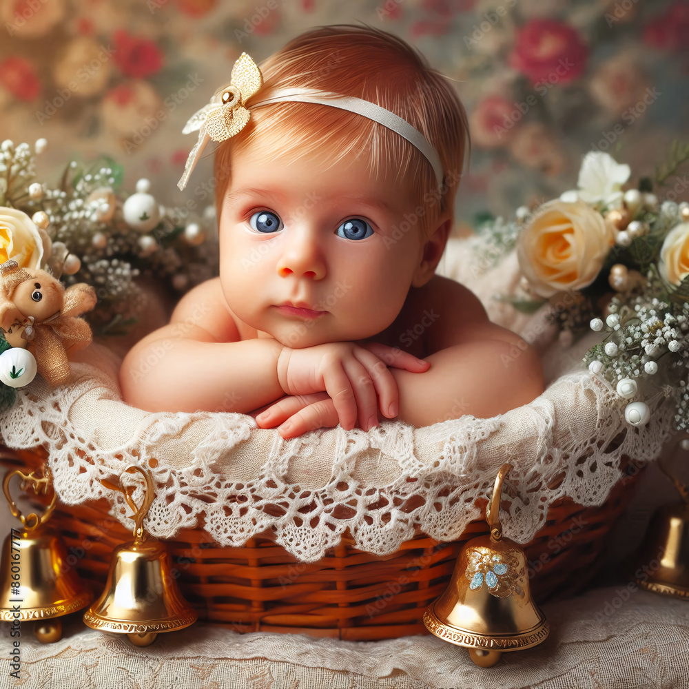 Small child with dark hair in a wicker basket with flowers neutral background. Small child with dark hair in a wicker basket with flowers neutral background.