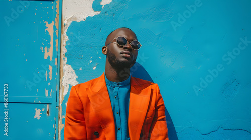 fashion african man in sunglasses in trendy modern clothes posing against the background of a blue building on the street : Generative AI