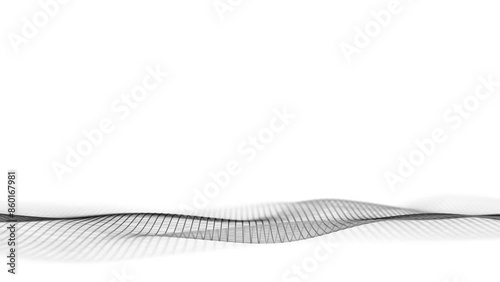 Abstract wave with black points and lines on white background. Science background with moving dots. Network connection technology. Digital structure with particles. 3d rendering.