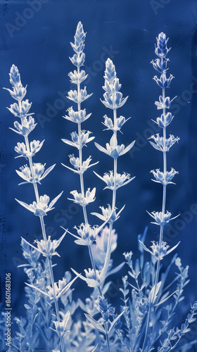 Photosensitive sun printing photo or cyanotype of lavender. Watercolour illustration. Herbarium concept. Generative AI