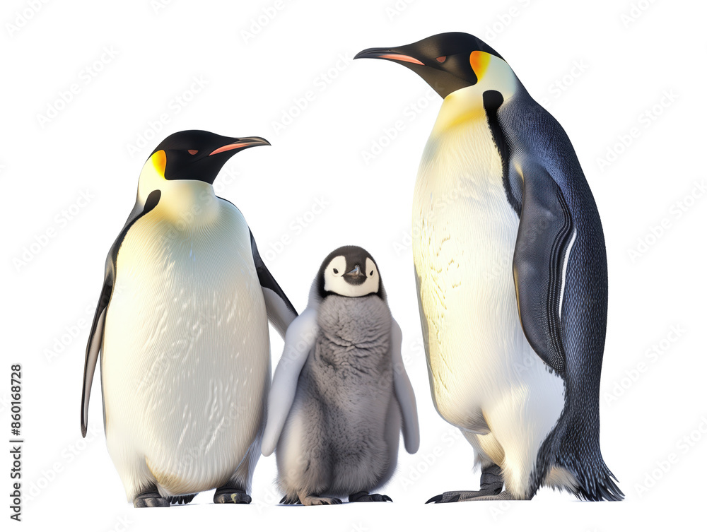 Fototapeta premium Emperor Penguin Family with Fluffy Chick on Ice