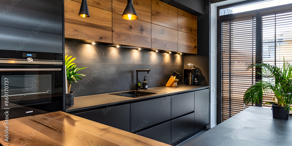 Modern kitchen interior with sleek design.
Modern kitchen interior with sleek design.