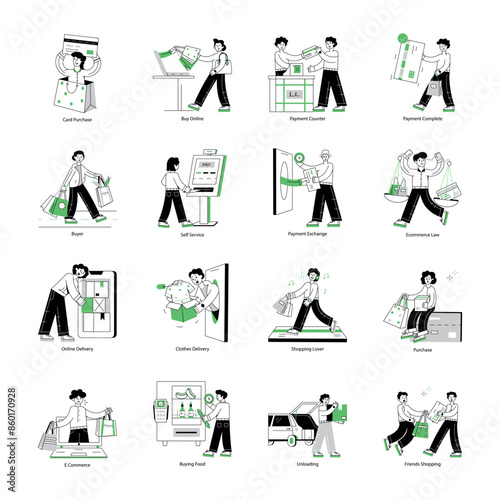 Bundle of Shopping Payments Linear Mini Illustrations 

