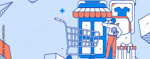 Holiday shopping people doing e-commerce online shopping flat vector concept operation hand drawn illustration
