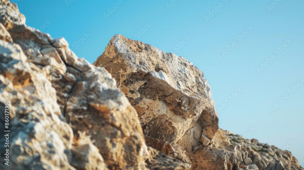 Massive rock among rocky cliff and clear sky in Crete Massive rock among rocky cliff and clear sky in Crete