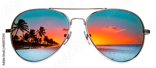 Stylish aviator sunglasses reflecting a tropical beach scene, cut out