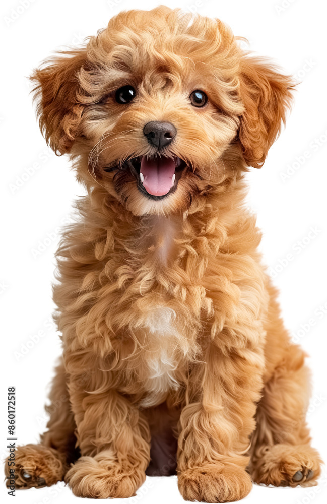 Portrait of a cute puppy sitting on a white background, Brown Poodle isolated on transparent png, dog smile Full body png 