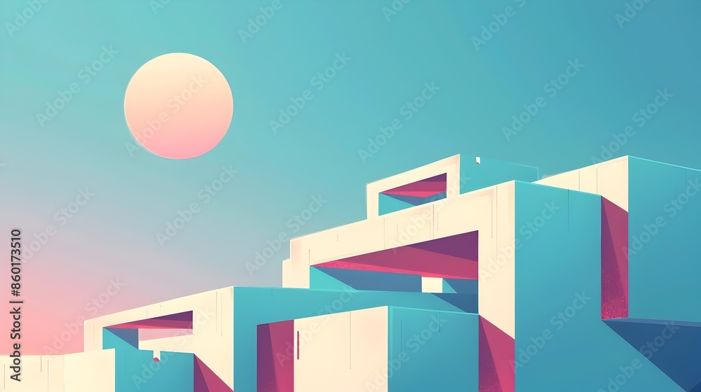 Fototapeta premium Minimalist Pastel Architectural Composition with Sunset Sky Backdrop