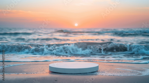 Round platform for product display on seashore, high quality, 1 gigapixel resolution