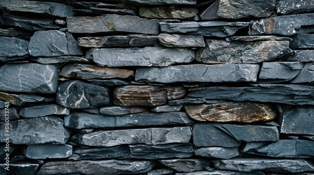 Fototapeta premium Stacked Stone Wall Background Closeup, Realistic Photo