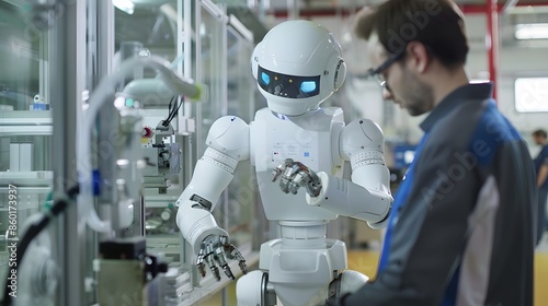 A robot working alongside a human employee in a manufacturing plant
