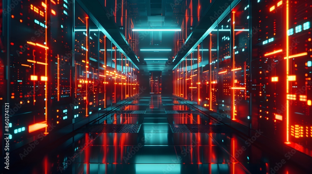 A server room with rows of glowing computers and blinking lights, depicting processing power A server room with rows of glowing computers and blinking lights, depicting processing power