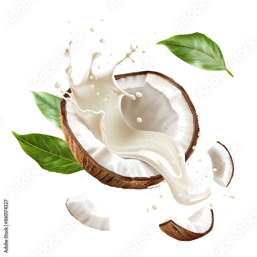 Fresh coconut splashing milk and leaves, cut out photo