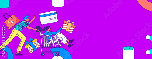 Holiday shopping people doing e-commerce online shopping flat vector concept operation hand drawn illustration
