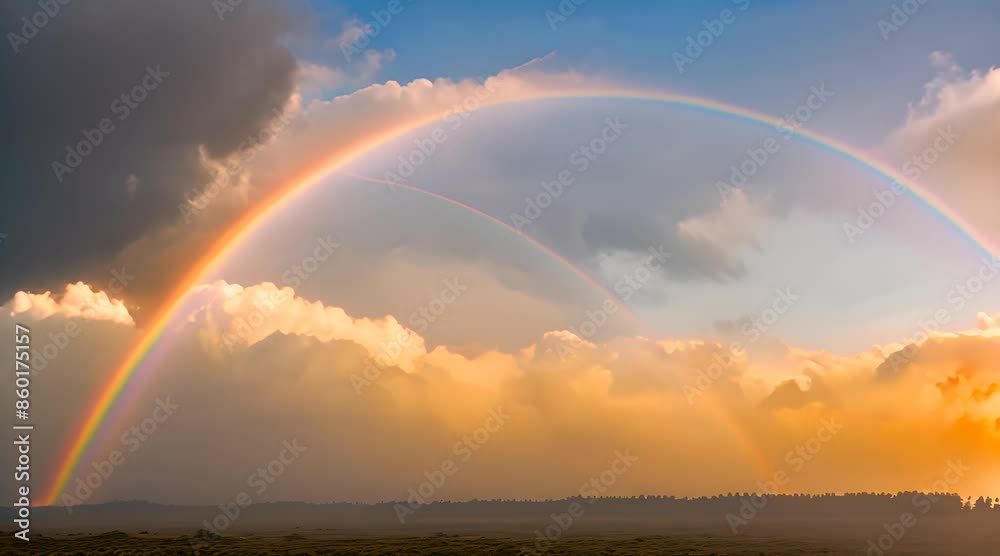 A golden sunrise bathes fluffy, white clouds in a warm glow. Soft, pastel rainbows arc across the sky, while twinkling stars peek through the mist A golden sunrise bathes fluffy, white clouds in a warm glow. Soft, pastel rainbows arc across the sky, while twinkling stars peek through the mist