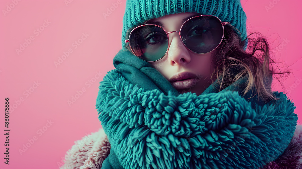 Portrait of young girl in sunglasses blue hat green scarf and fur coat posing over pink background Stylish youth Concept of beauty winter fashion lifestyle emotions facial expression A : Generative AI Portrait of young girl in sunglasses blue hat green scarf and fur coat posing over pink background Stylish youth Concept of beauty winter fashion lifestyle emotions facial expression A : Generative AI