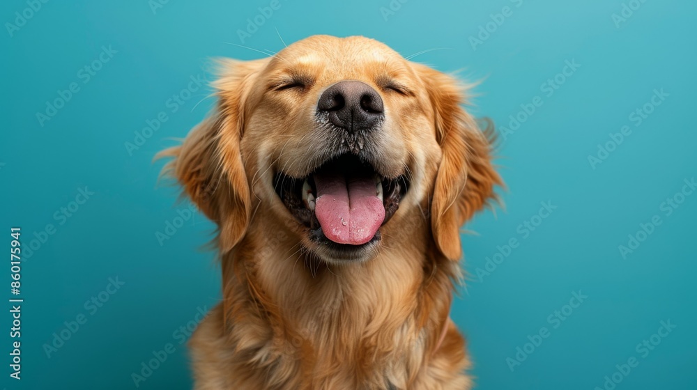 Funny and joyful Golden Retriever. Isolated against blue background. Dog. Pet. Canine. Funny and joyful Golden Retriever. Isolated against blue background. Dog. Pet. Canine.